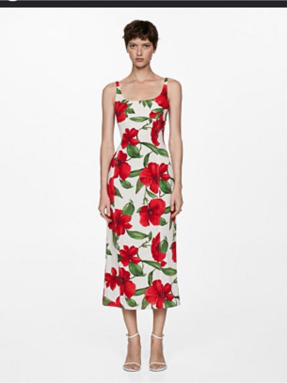 NWT Mango White Midi Dress with Red Floral Print and Green Leaves